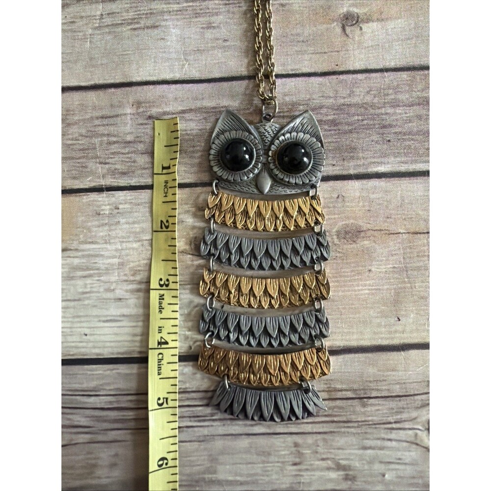 Vintage Owl Pendant Necklace Unbranded Mixed Gold Silver Beaded Eye Articulating